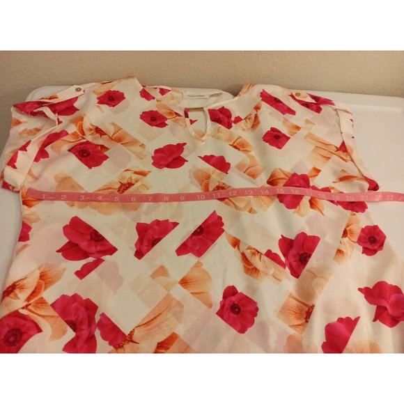 Women's Calvin Klein Ivory Blouse Pink Floral Print With Spellout Size Large - Picture 9 of 10